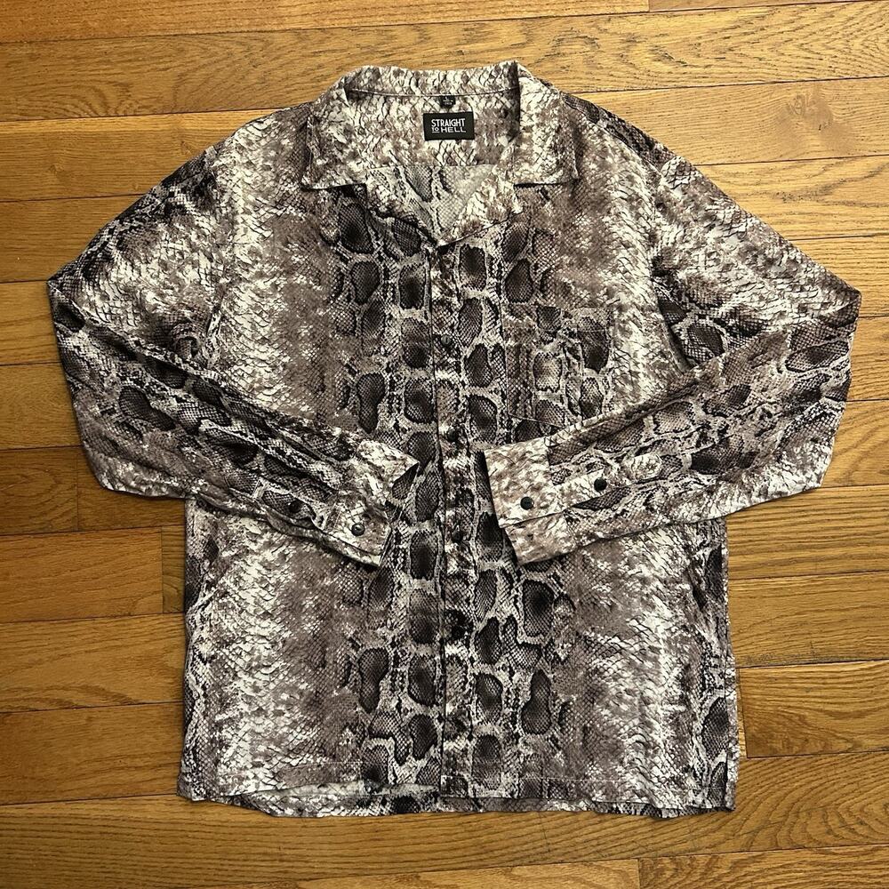 Straight To Hell Snakeskin Print Camp Collar Rayon Button Up Shirt Large